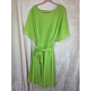 Lime Green Chiffon Flutter Sleeve Midi Dress with Belt